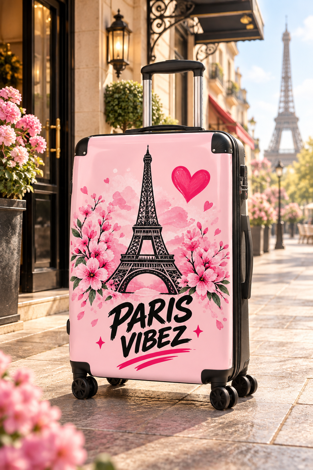 Paris Vibez Suitcase | Eiffel Tower Floral Travel Luggage, Pink Hearts