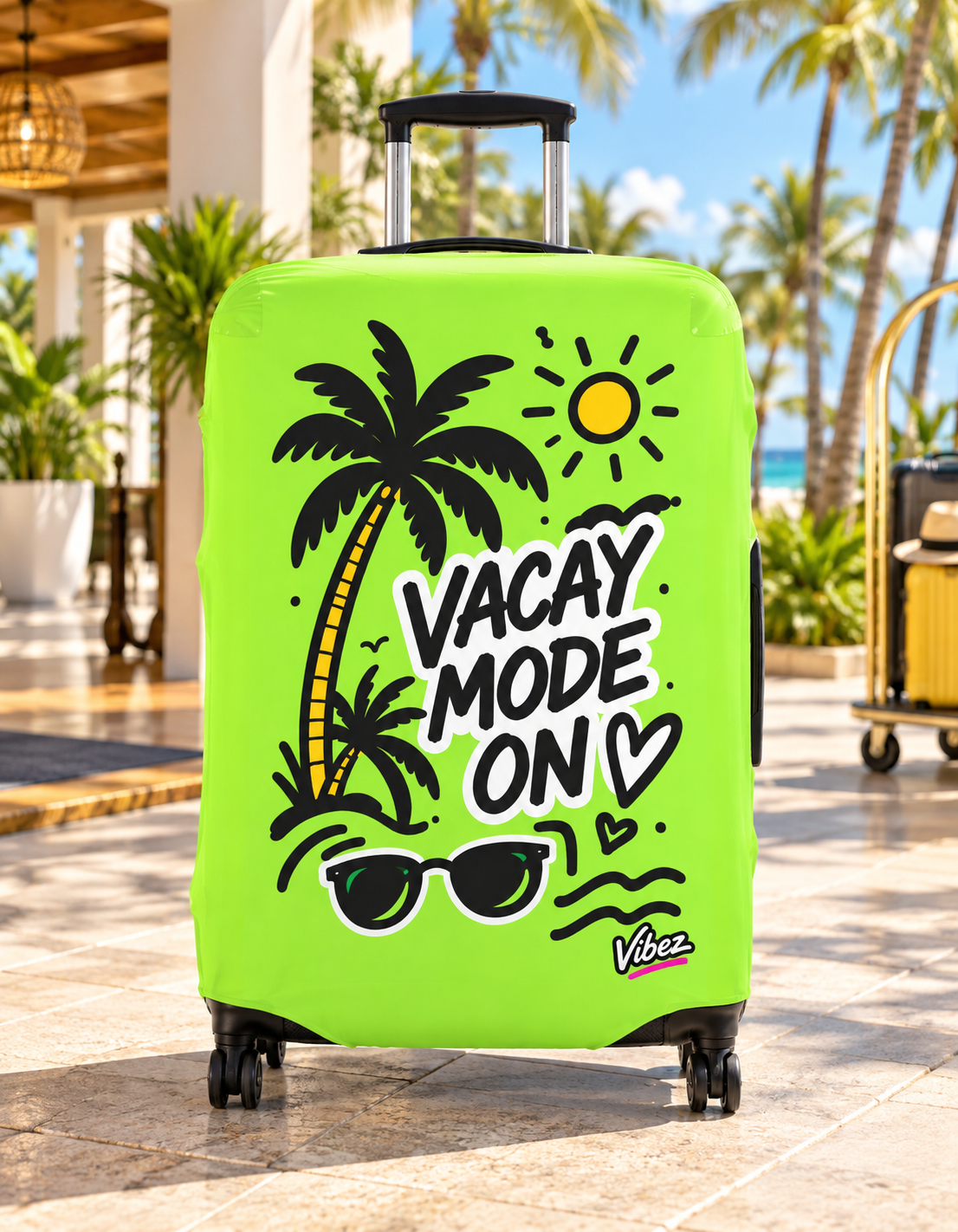 Vacay Mode On Luggage Cover | Neon Palm Tree Sunglasses Beach Travel