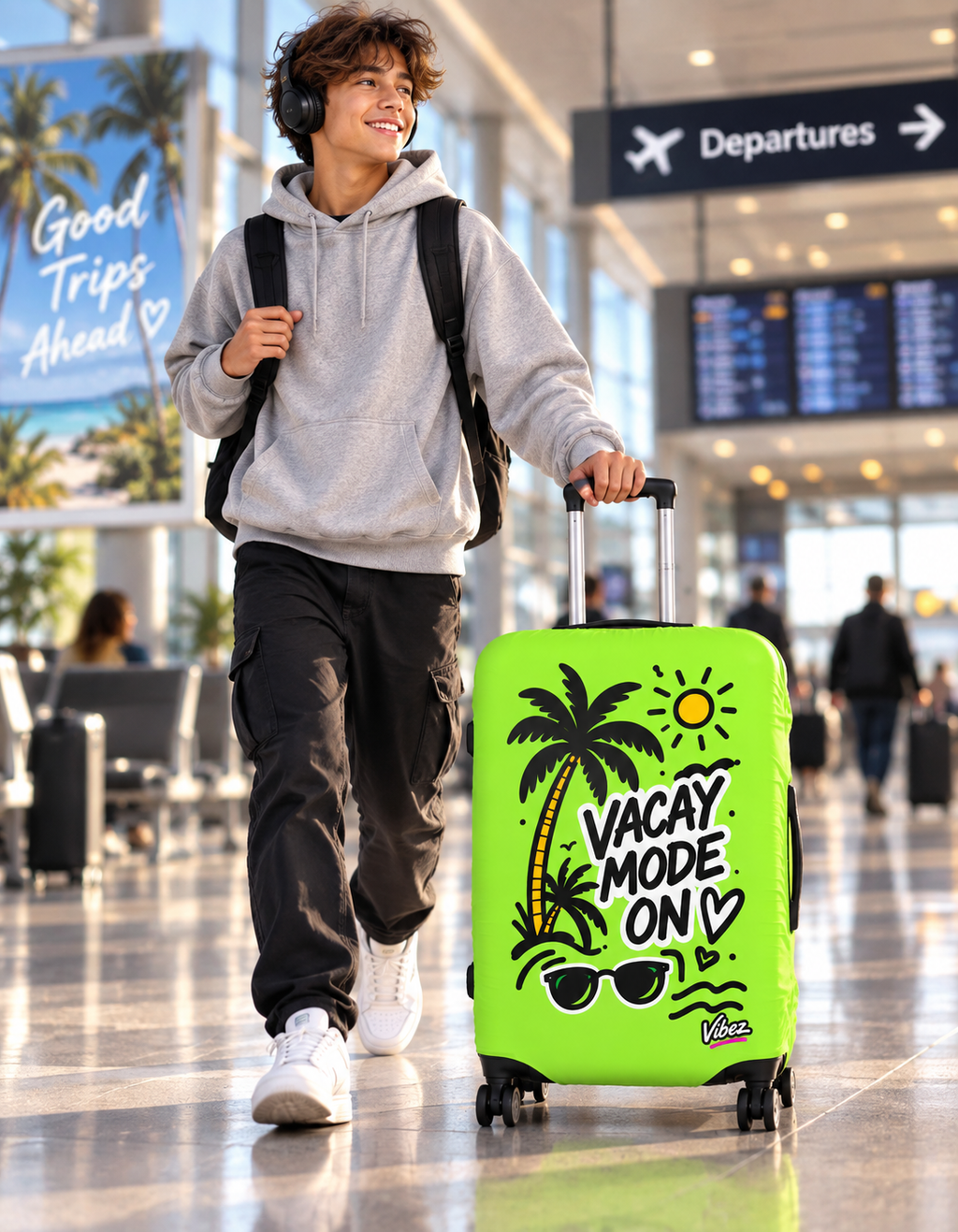 Vacay Mode On Luggage Cover | Neon Palm Tree Sunglasses Beach Travel