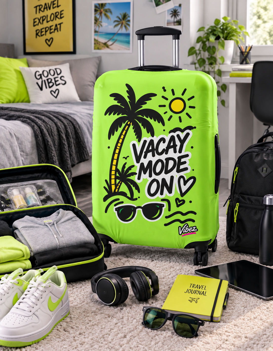 Vacay Mode On Luggage Cover | Neon Palm Tree Sunglasses Beach Travel