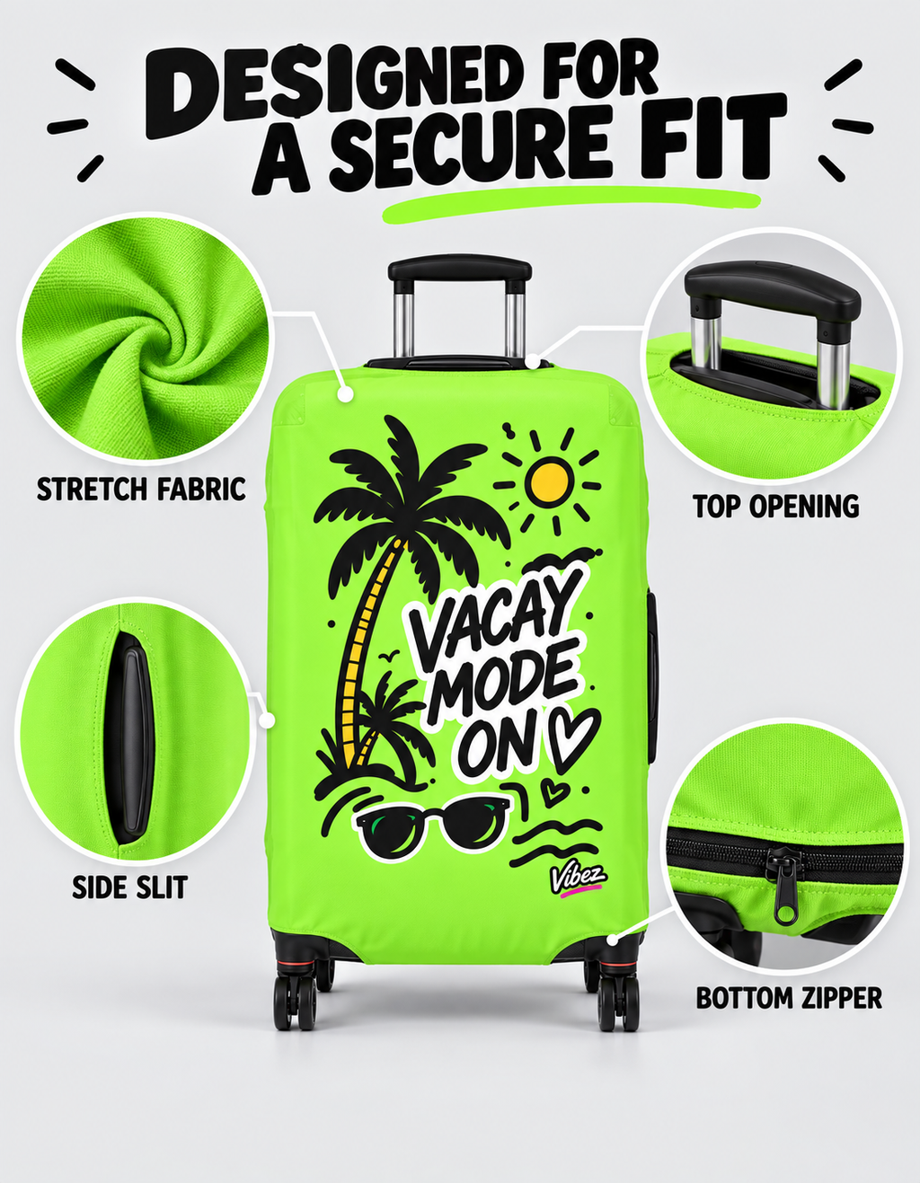 Vacay Mode On Luggage Cover | Neon Palm Tree Sunglasses Beach Travel
