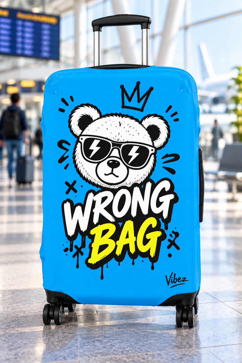 Cartoon Bear 'Wrong Bag' Luggage Cover | Blue Suitcase Protector