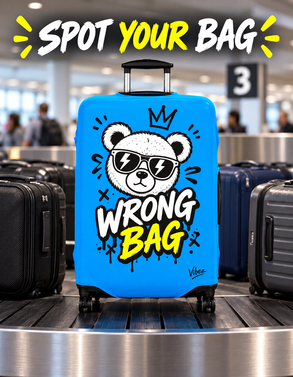 Cartoon Bear 'Wrong Bag' Luggage Cover | Blue Suitcase Protector