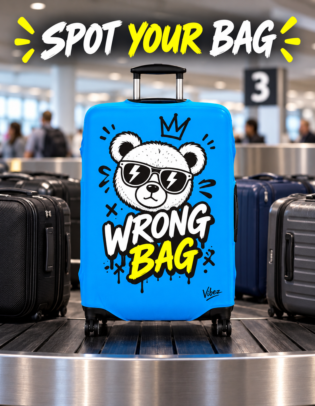 Cartoon Bear 'Wrong Bag' Luggage Cover | Blue Suitcase Protector