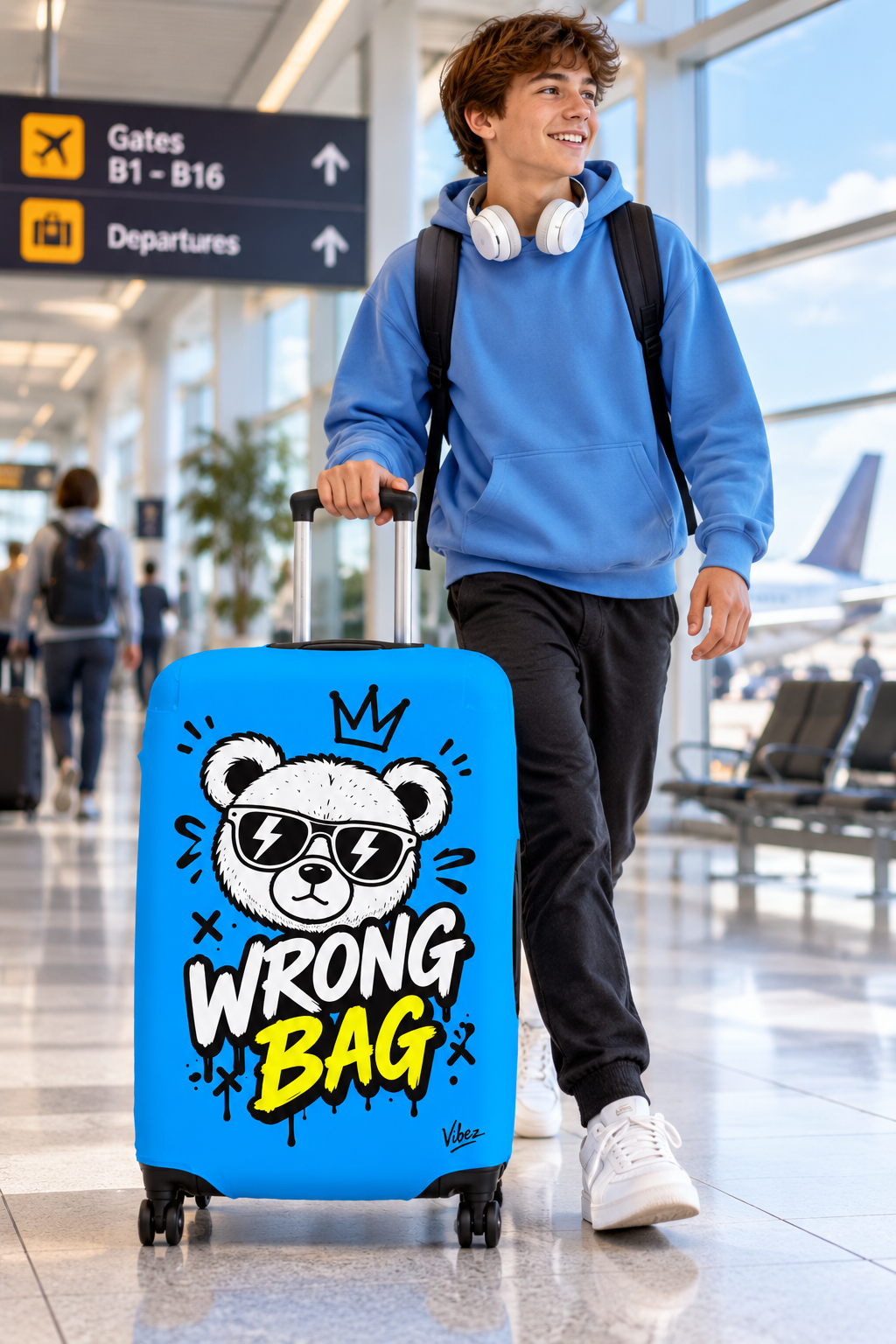 Cartoon Bear 'Wrong Bag' Luggage Cover | Blue Suitcase Protector