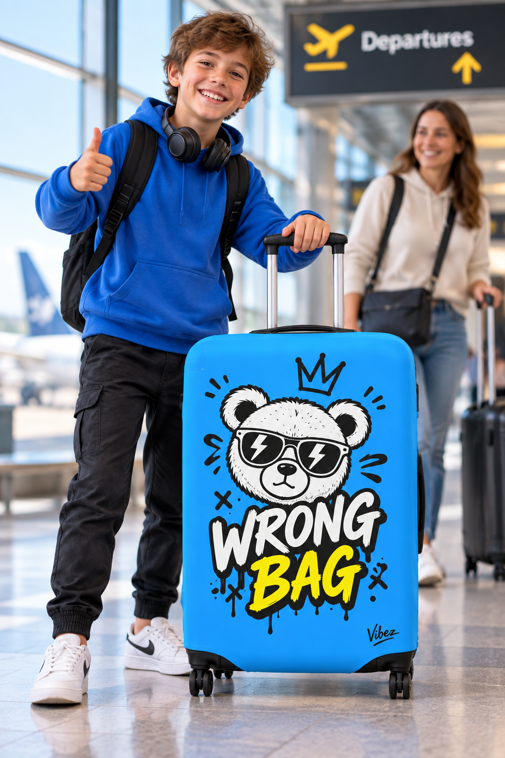 Cartoon Bear 'Wrong Bag' Luggage Cover | Blue Suitcase Protector