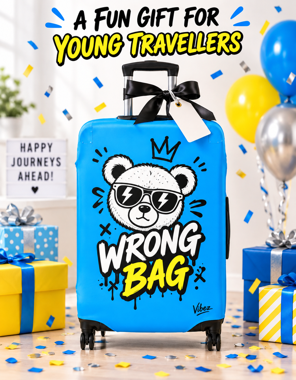 Cartoon Bear 'Wrong Bag' Luggage Cover | Blue Suitcase Protector