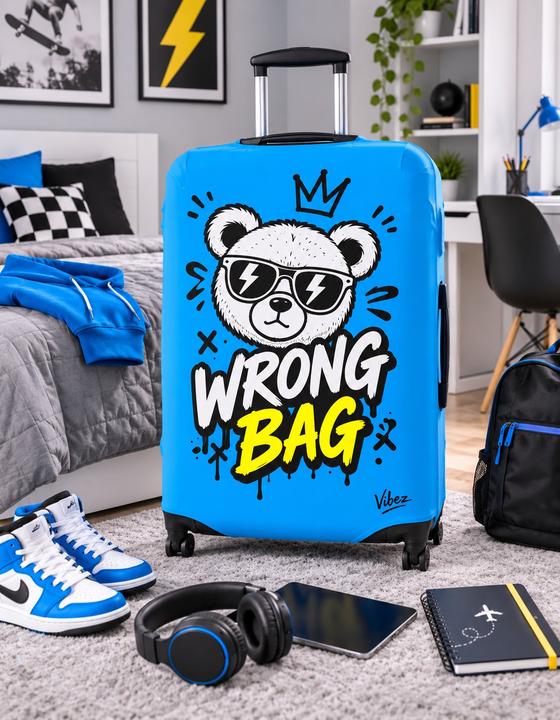 Cartoon Bear 'Wrong Bag' Luggage Cover | Blue Suitcase Protector