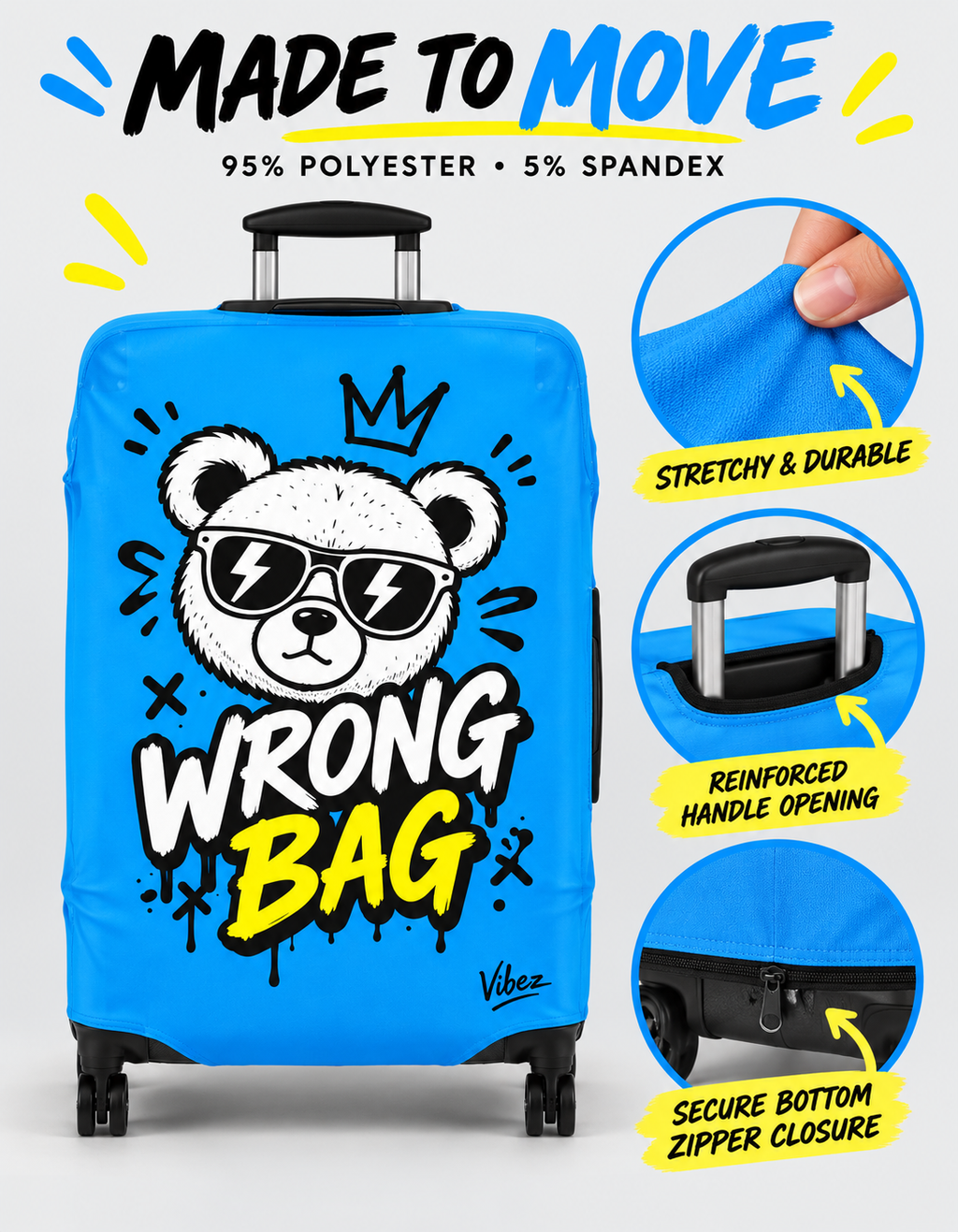 Cartoon Bear 'Wrong Bag' Luggage Cover | Blue Suitcase Protector
