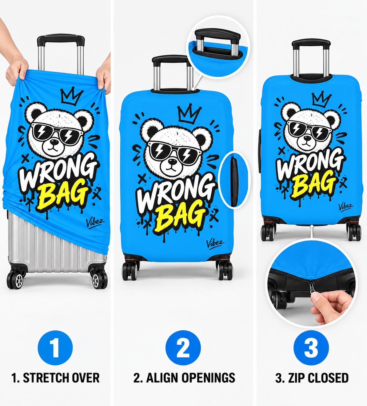 Cartoon Bear 'Wrong Bag' Luggage Cover | Blue Suitcase Protector