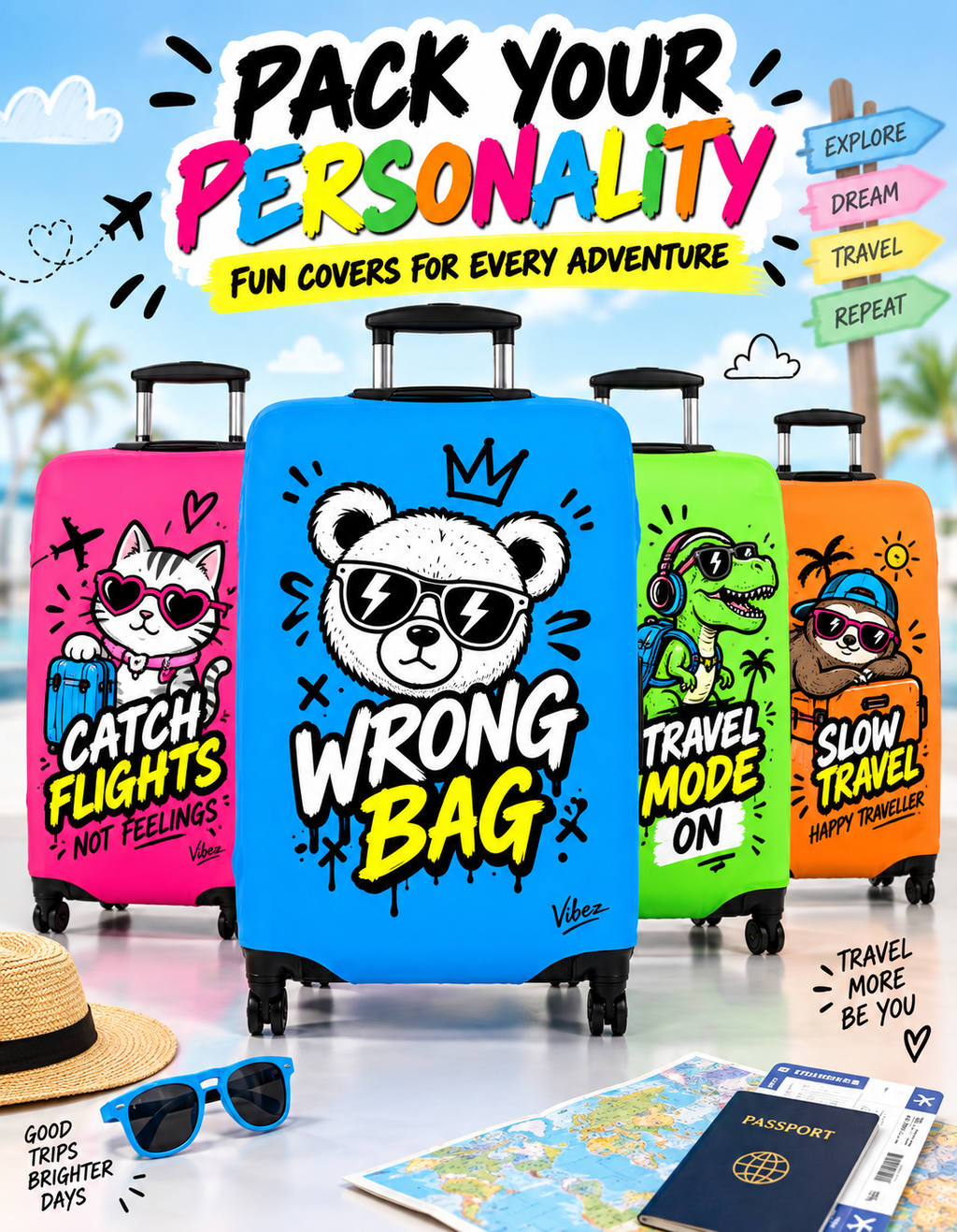 Cartoon Bear 'Wrong Bag' Luggage Cover | Blue Suitcase Protector