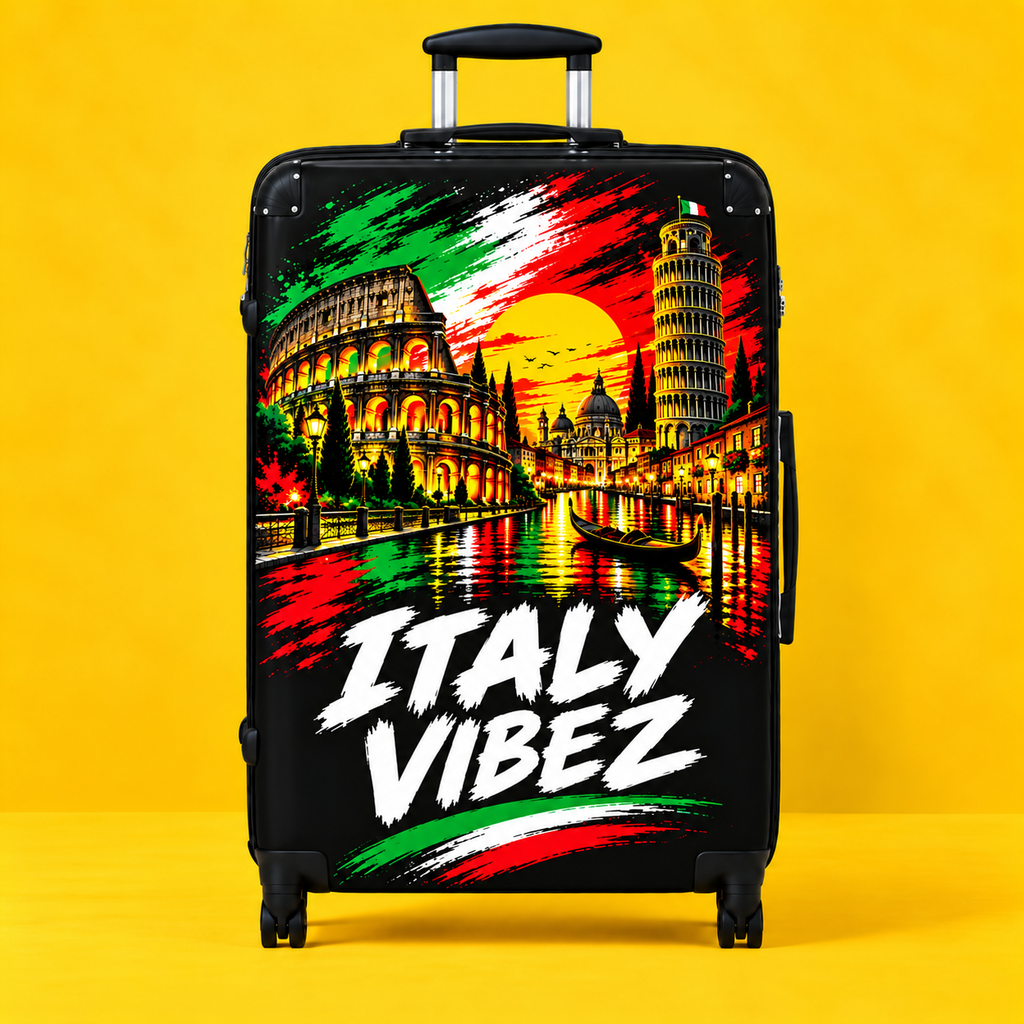 Italy Vibez Hard Shell Suitcase, Italian Flag & Landmark Spinner Luggage, Rome Venice Pisa Design, Travel Gift