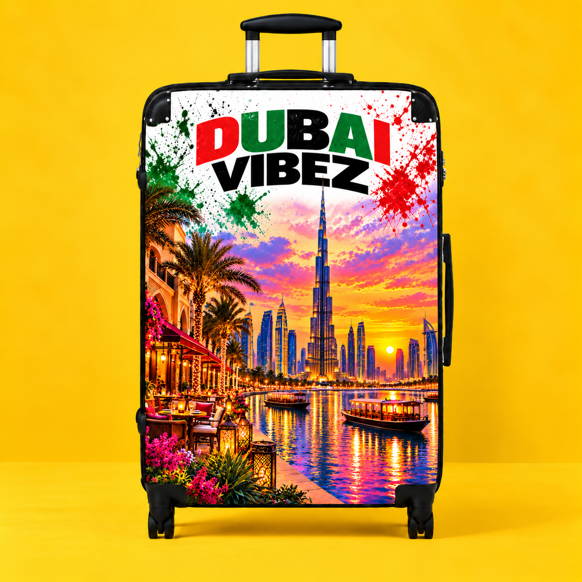 Dubai Vibez Suitcase | Dubai Skyline Luggage Cover, Palm Trees Sunset