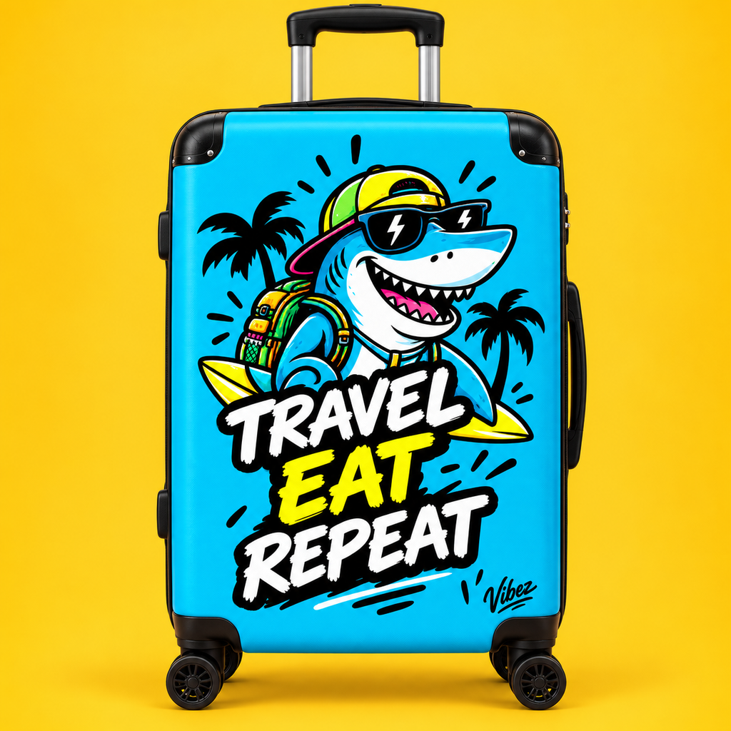 Travel Eat Repeat shark luggage suitcase | hard shell carry-on