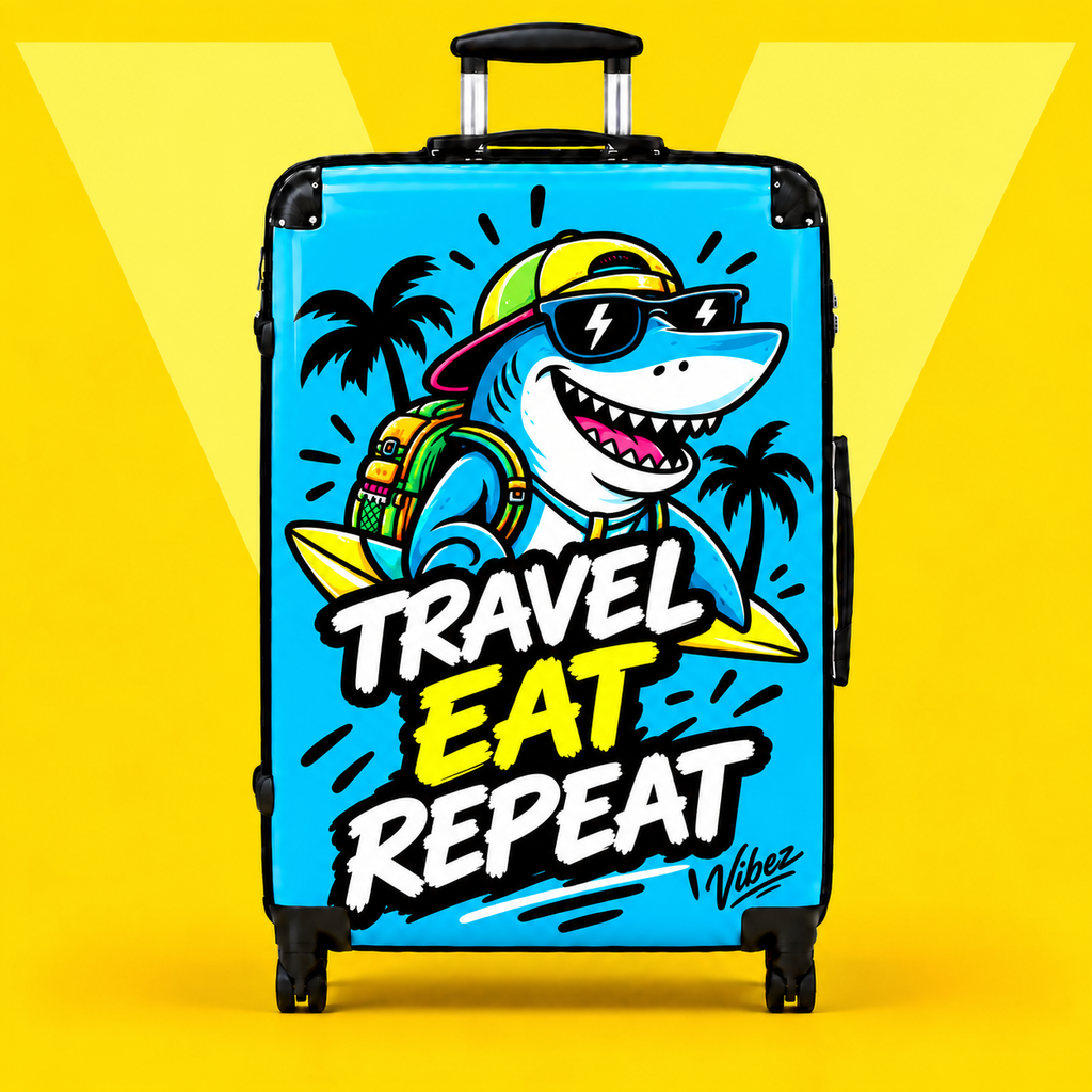 Travel Eat Repeat shark luggage suitcase | hard shell carry-on