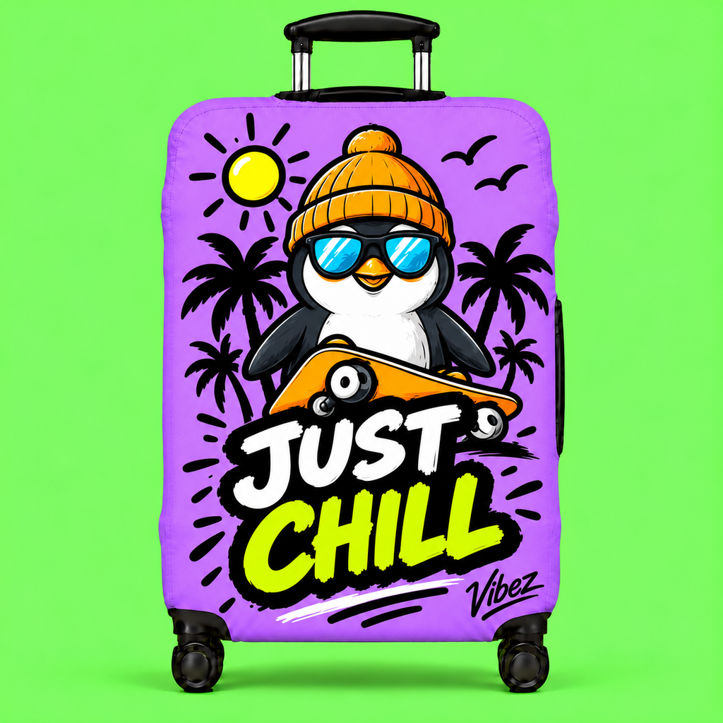 Just Chill Penguin Luggage Cover | Purple Skateboard Beach Design