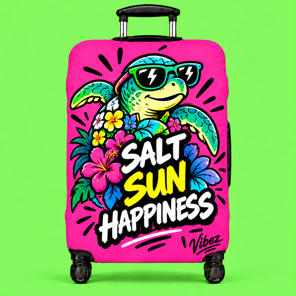 Salt Sun Happiness turtle luggage cover | bright pink tropical travel accessory