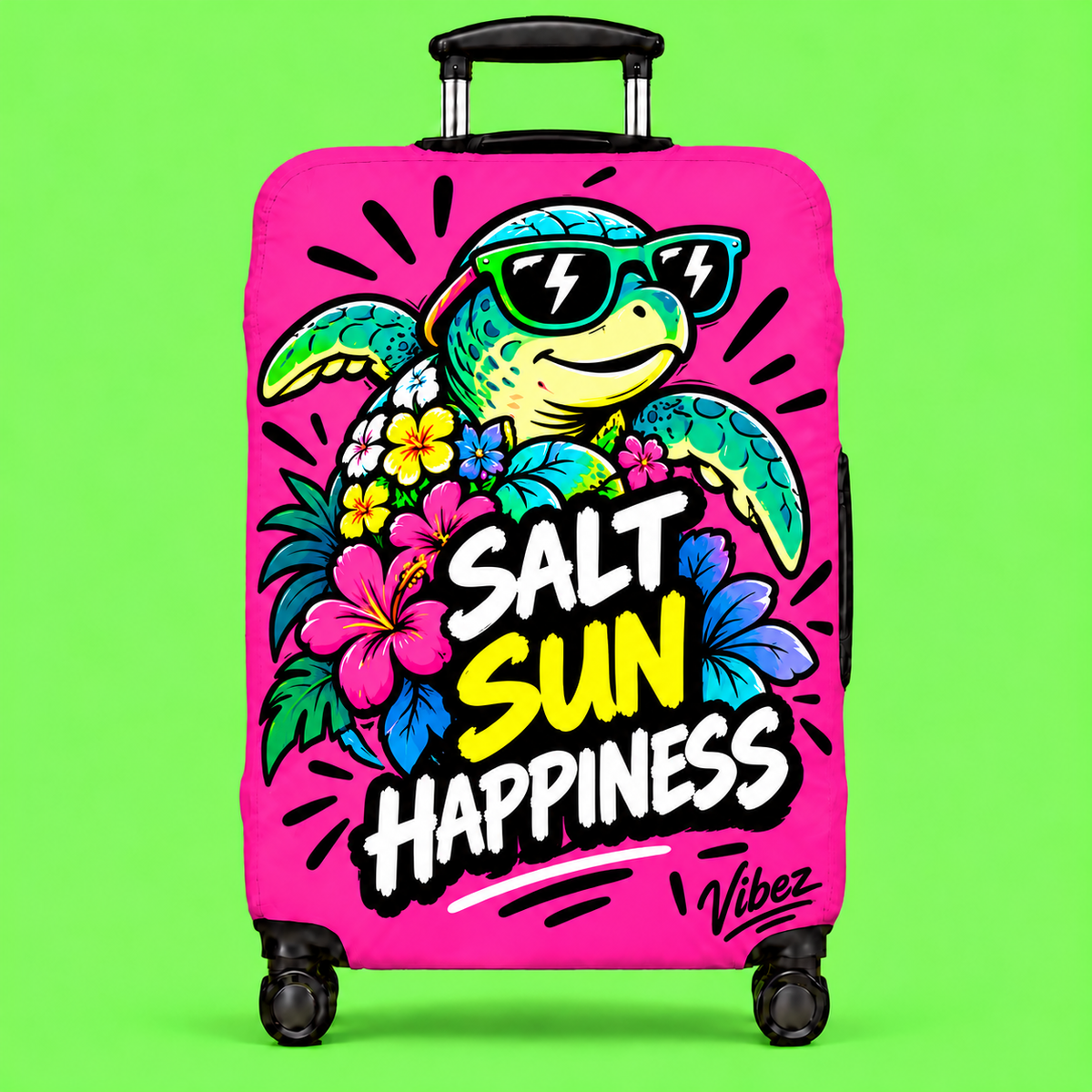 Salt Sun Happiness turtle luggage cover | bright pink tropical travel accessory