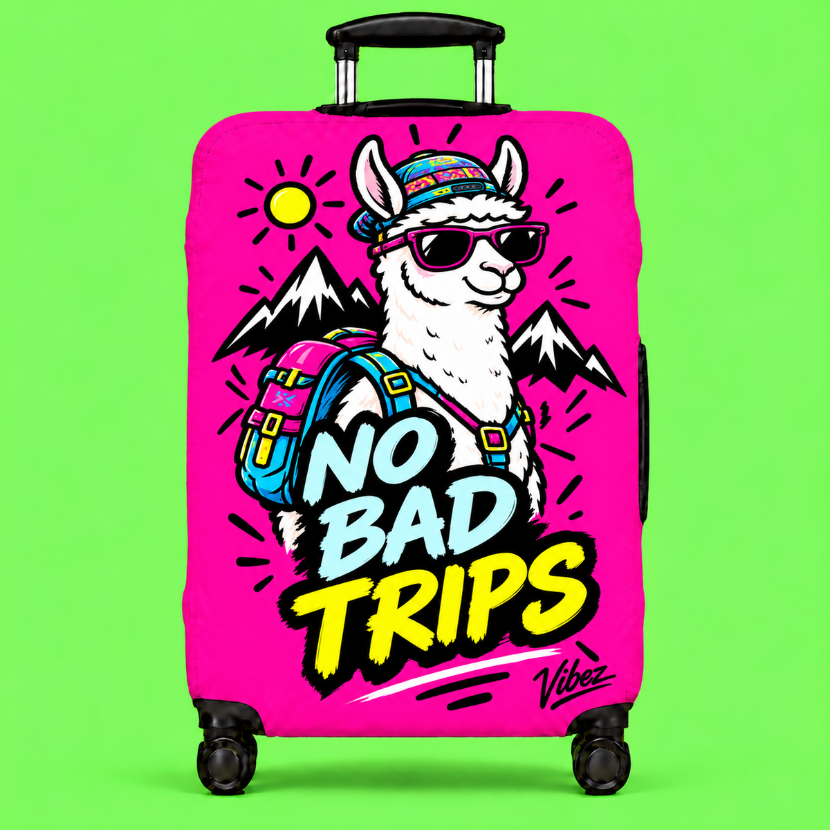 No Bad Trips Llama Luggage Cover | Bright Pink Travel Protector