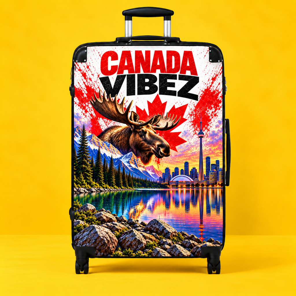 Canada Vibez Moose Suitcase | Canadian Flag, Skyline, Lake Scene