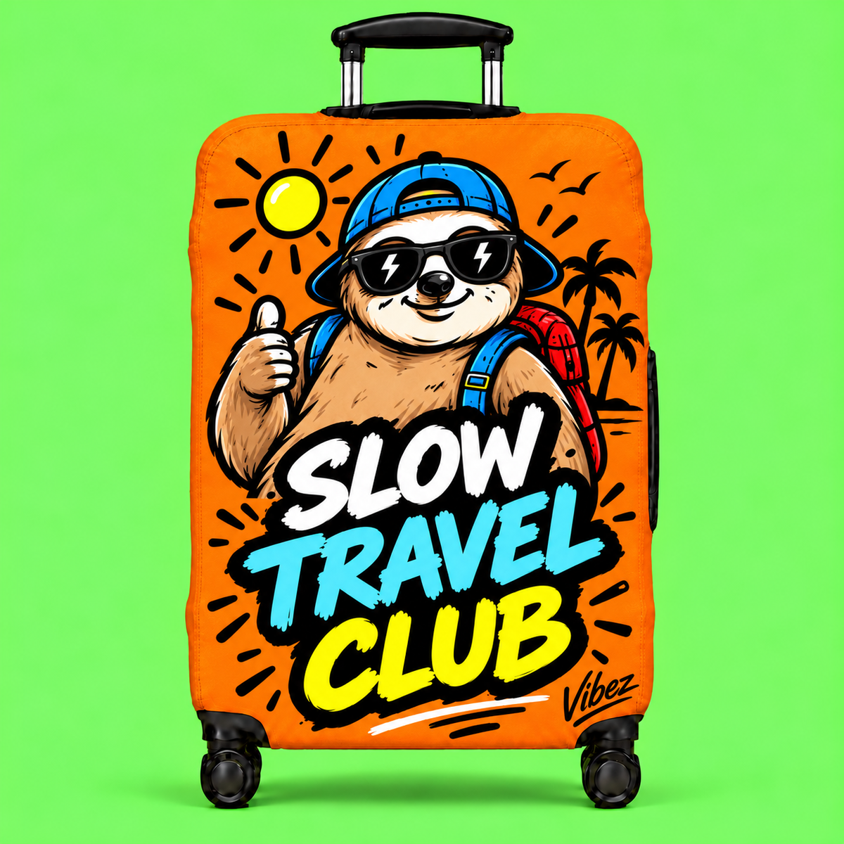 Slow Travel Club Luggage Cover | Sloth Beach Vacation Suitcase Sleeve