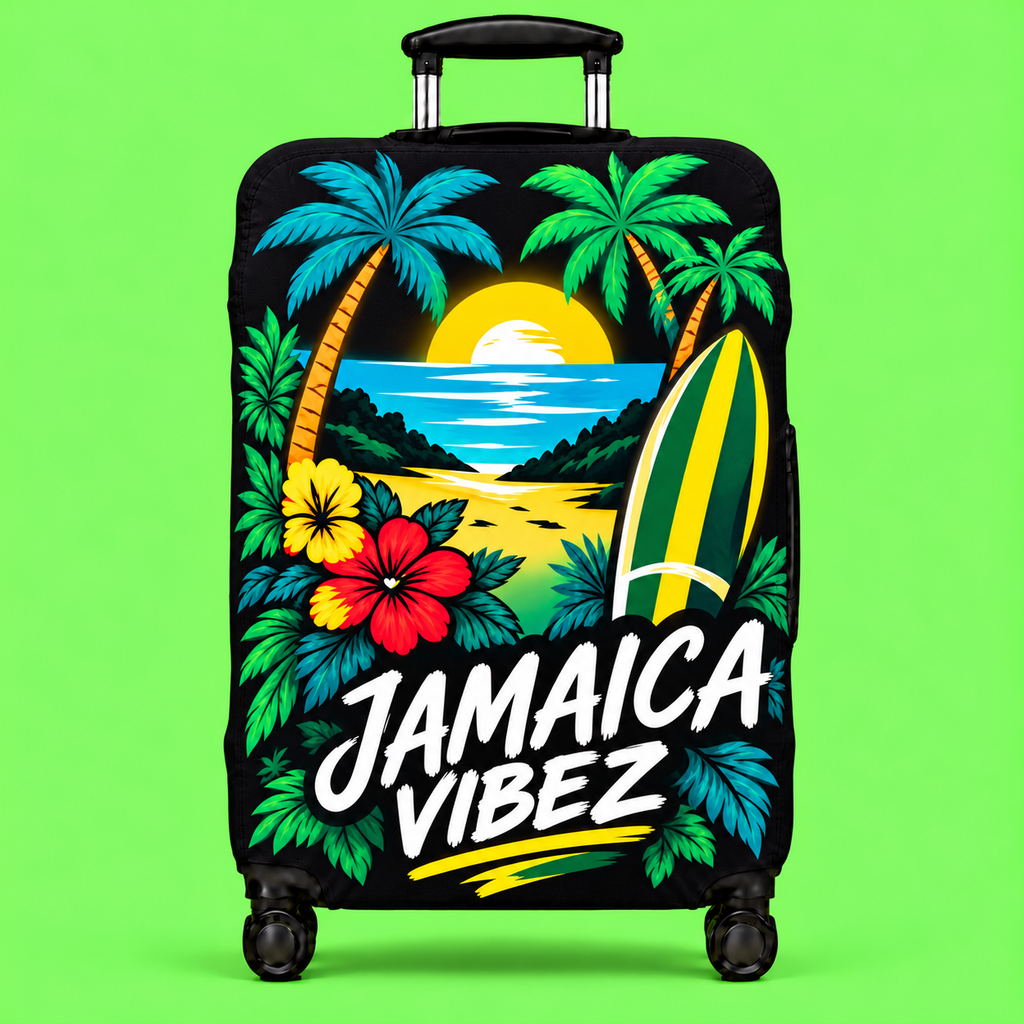 Jamaica Vibez Luggage Cover | Tropical Surf Sunset Palm Beach Design