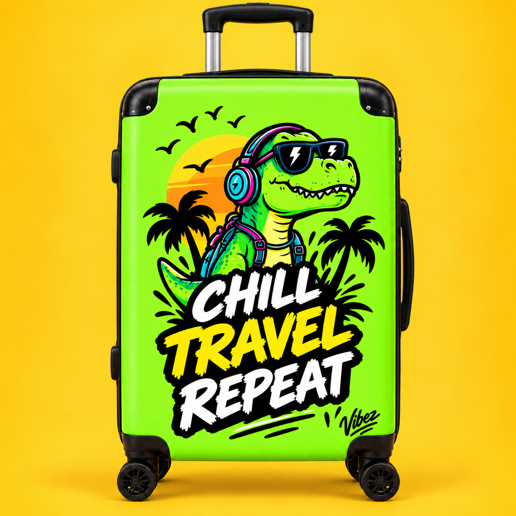 Chill Travel Repeat dinosaur suitcase | hardshell luggage, tropical design