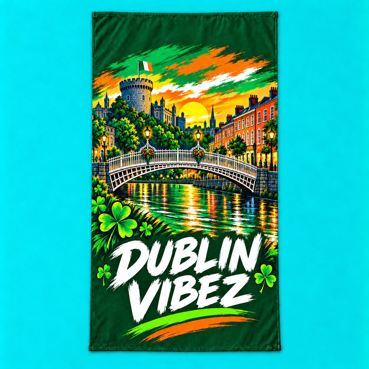 Dublin Vibez Beach Towel | Irish Cityscape, Shamrocks, River Liffey