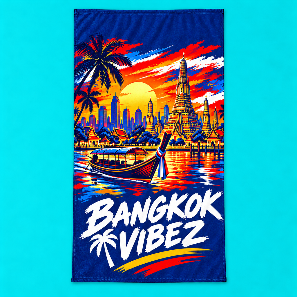 Bangkok Vibez Beach Towel | Thai Skyline Sunset, Longtail Boat, Palm Trees