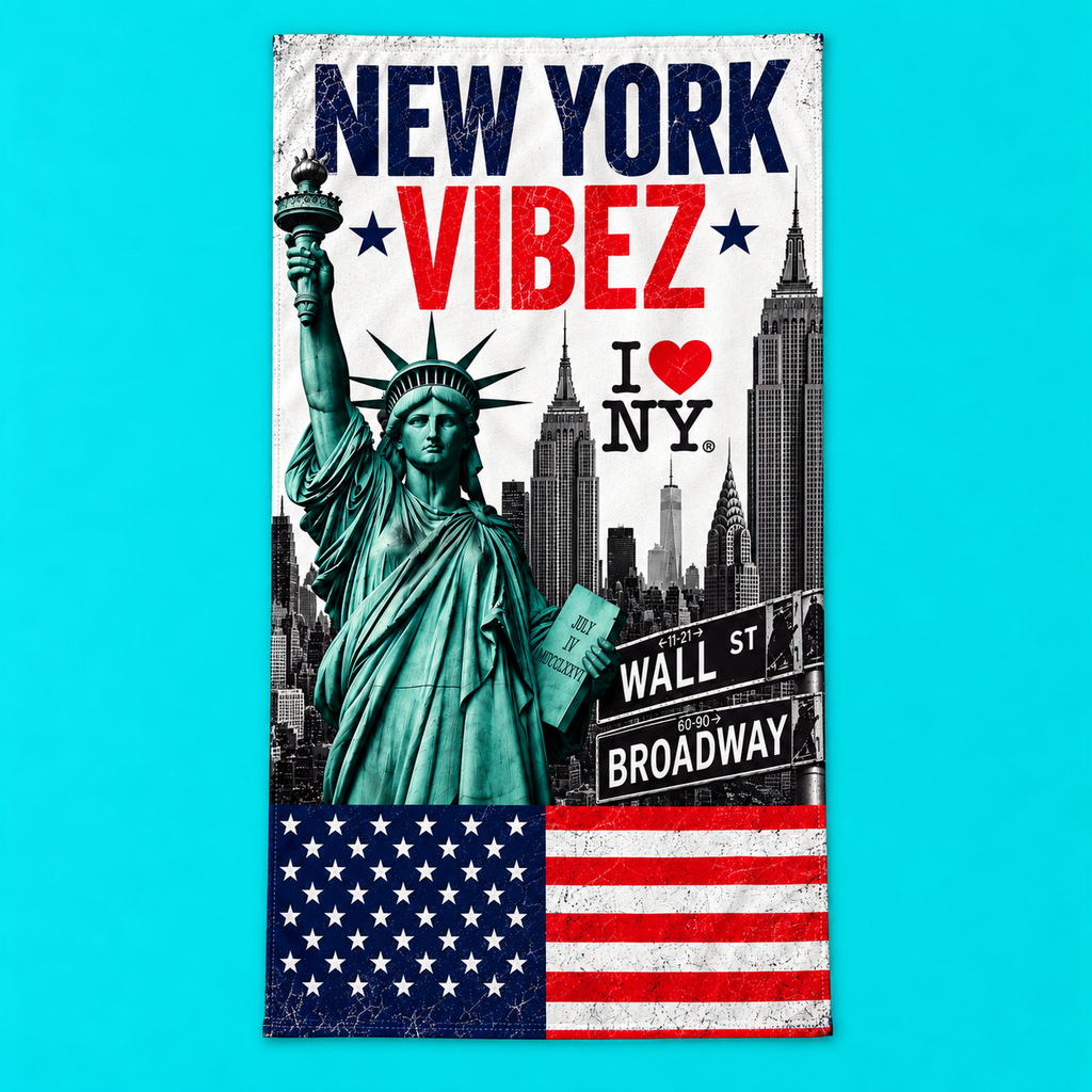 New York VIBEZ Towel, NYC Travel Gift, Statue of Liberty Towel, New York Bathroom Decor, USA Souvenir Towel, Hotel Pool & Bath Towel