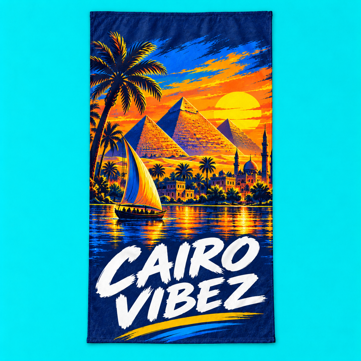 Cairo Vibez beach towel | Pyramids sunset sailboat palm trees