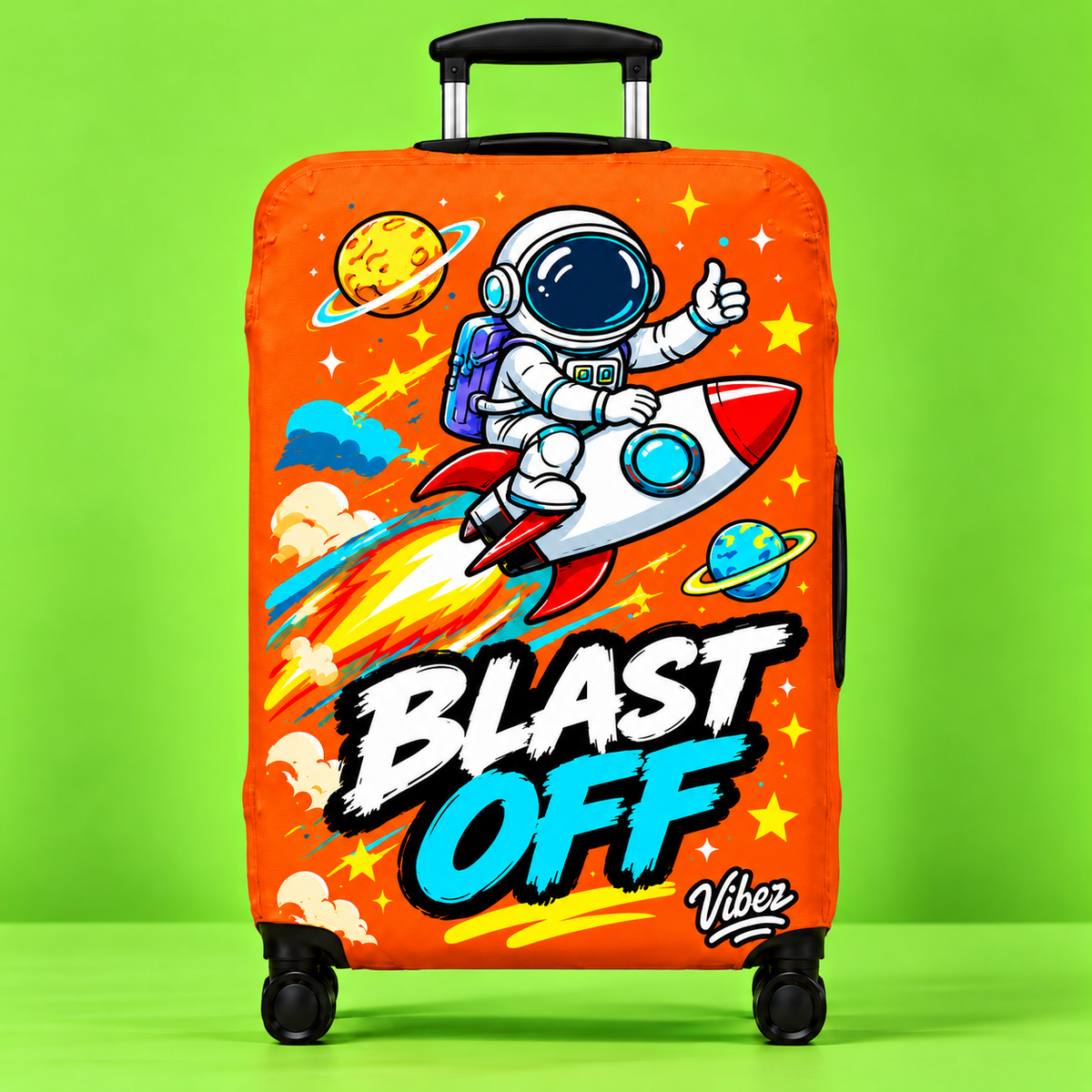 Astronaut Rocket Blast Off Luggage Cover | Orange Space Travel