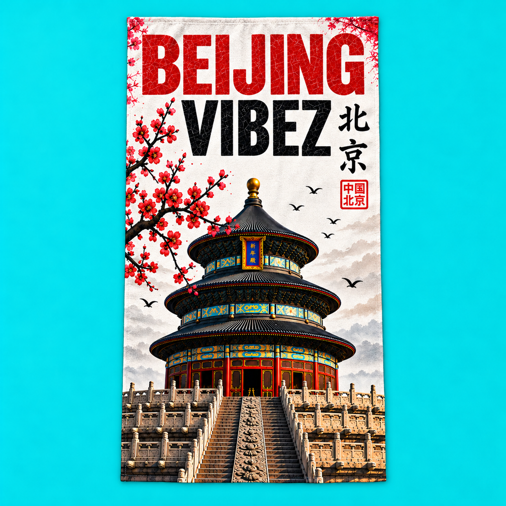 Beijing Towel, China Travel Gift, Great Wall Bath Towel, Temple of Heaven Decor, Red Gold Chinese Beach Towel, Beijing Souvenir