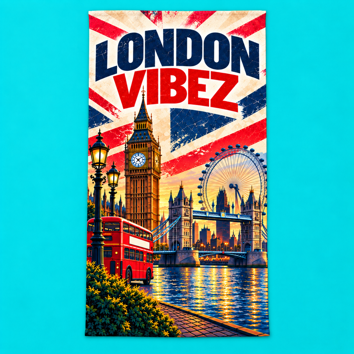 London Vibez Towel, British City Bath Towel, Big Ben and Red Bus Design, UK Travel Gift, London Souvenir, Bathroom Decor