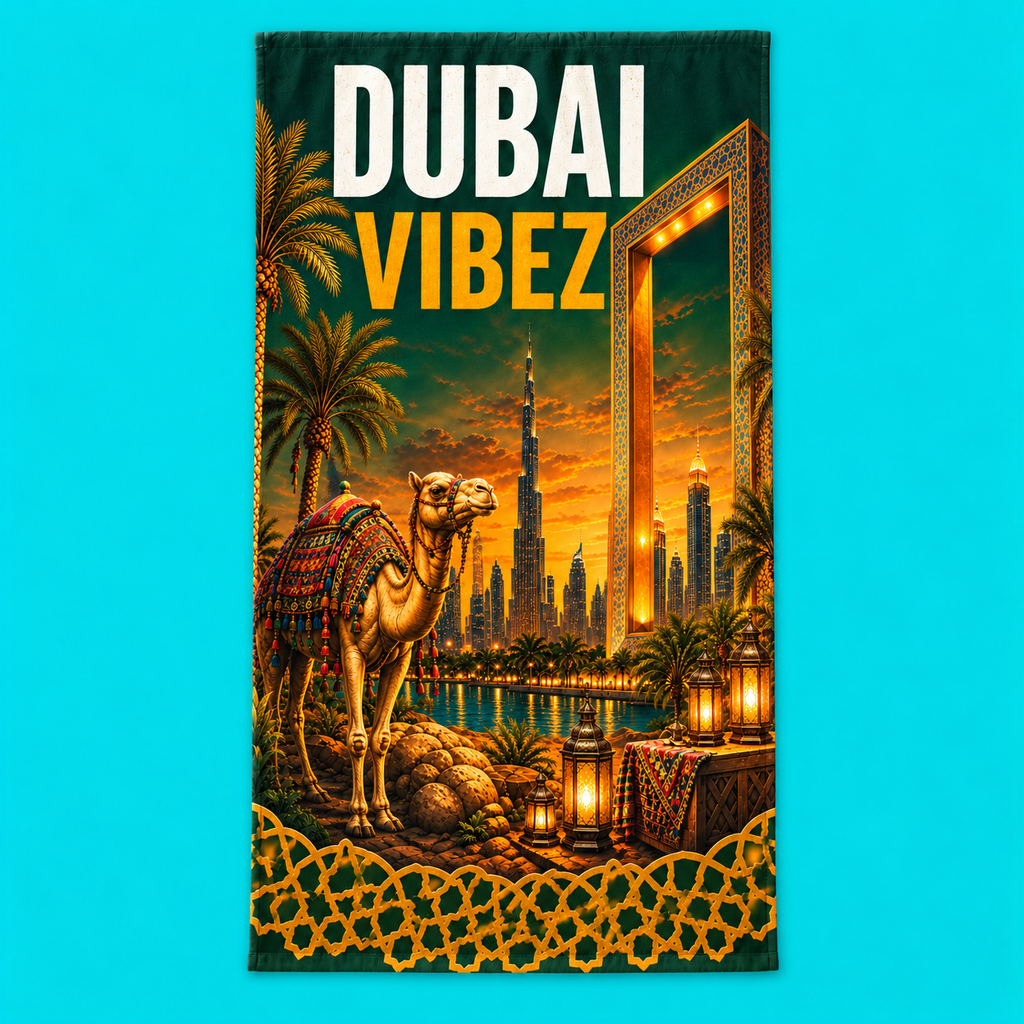 Dubai VIBEZ Towel, Dubai Travel Gift, UAE Souvenir Towel, Camel & Burj Khalifa Design, Bath Beach Pool Hotel Towel, Dubai Decor