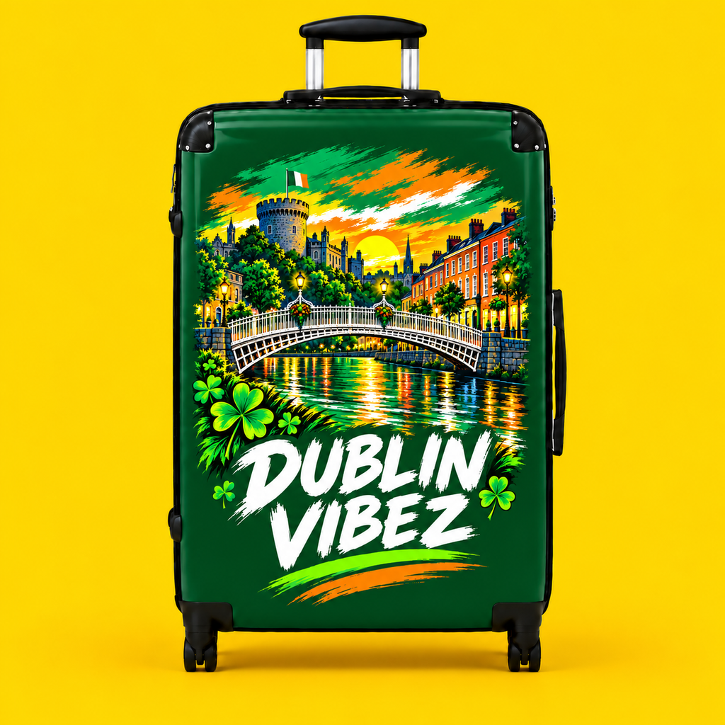 Dublin Vibez Suitcase | Irish Cityscape Luggage, Shamrock Travel Case