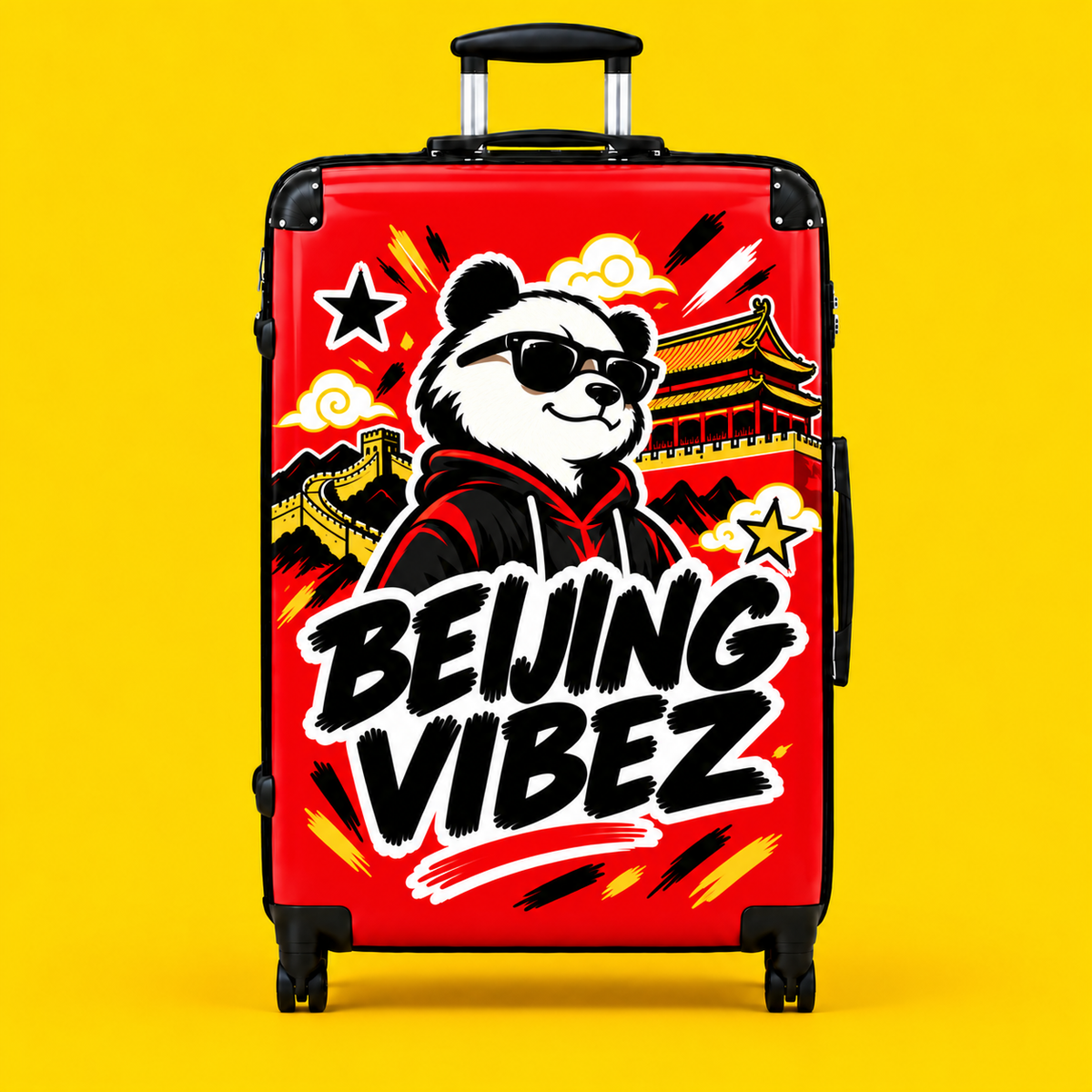 Beijing Vibez Panda Graphic Suitcase | Red Travel Luggage