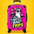 No Bad Trips Llama Suitcase | Bright Pink Travel Luggage, Mountain Graphic