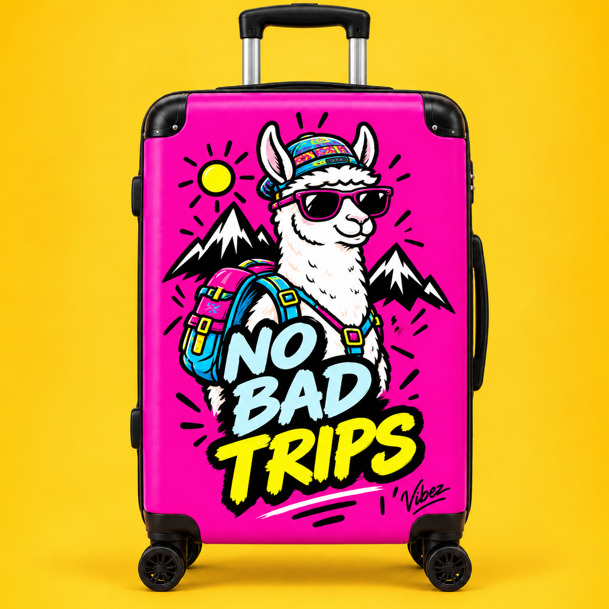 No Bad Trips Llama Suitcase | Bright Pink Travel Luggage, Mountain Graphic
