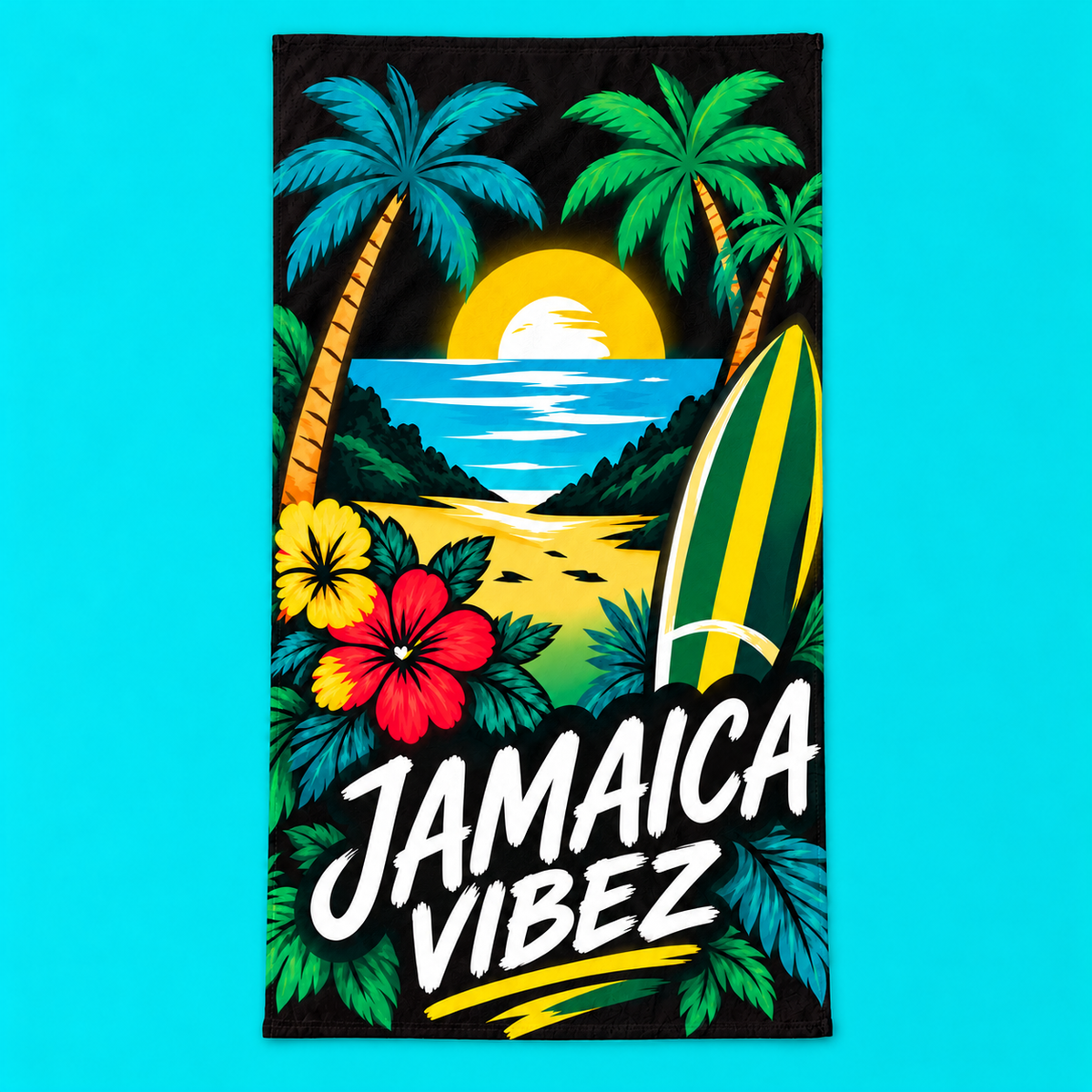 Jamaica Vibez Beach Towel | Tropical Surfboard Palm Tree Sunset