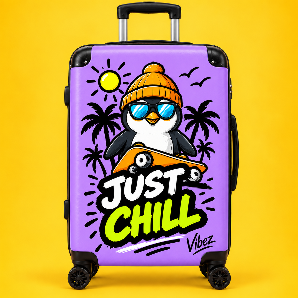 Just Chill Penguin suitcase | Cute skateboarding penguin