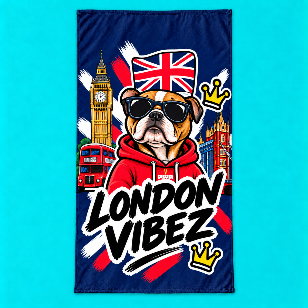 London Vibez Bulldog Illustration Beach Towel | Union Jack, Big Ben