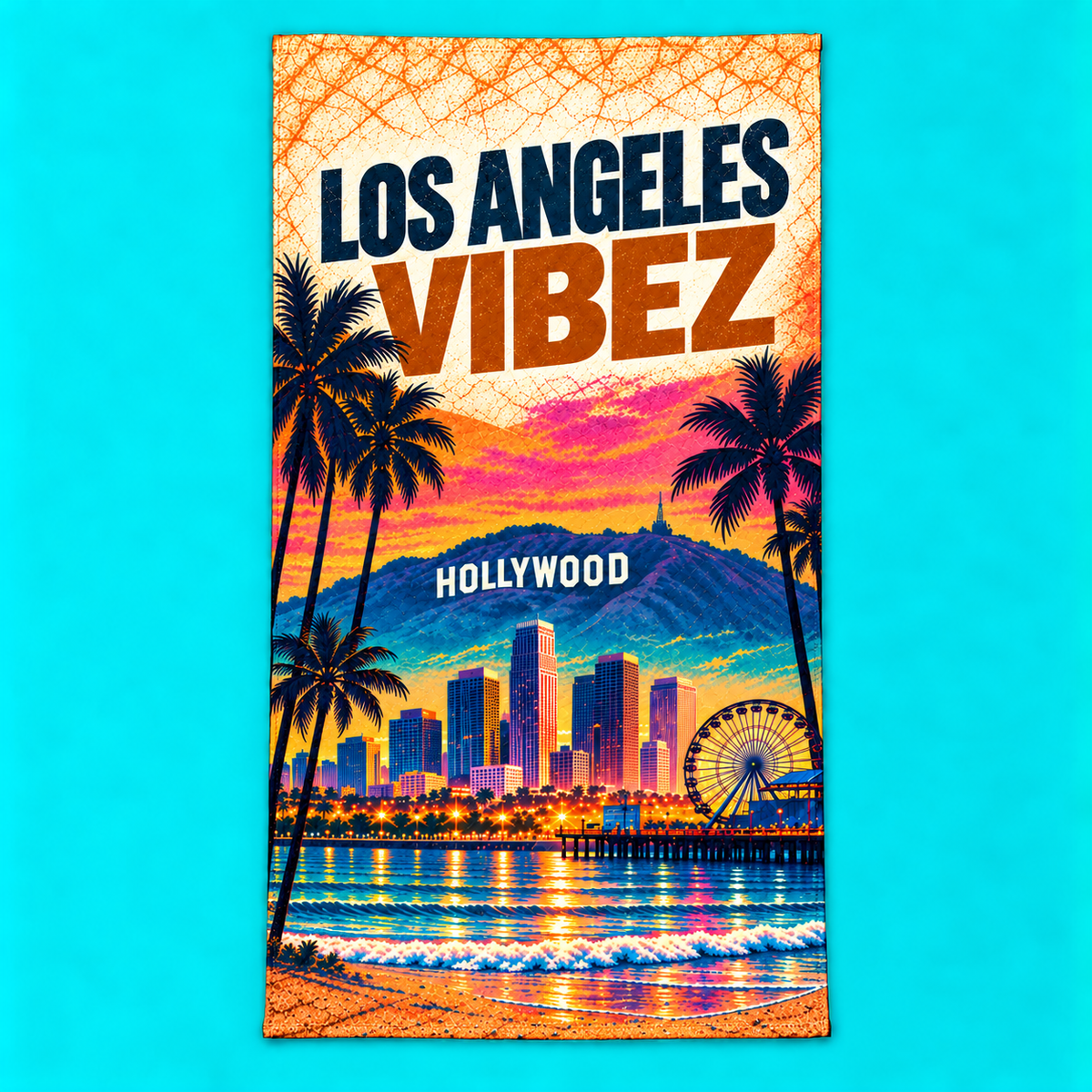Los Angeles Vibez Towel, California Beach Towel, Hollywood Travel Gift, Colorful Cityscape Bath Towel, LA Souvenir