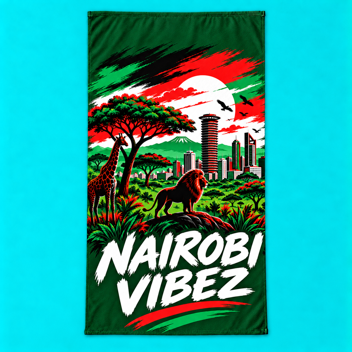 Nairobi Vibez Beach Towel | Kenya Safari Skyline, Giraffe & Lion Design