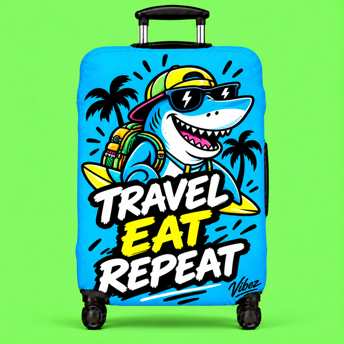 Travel Eat Repeat Luggage Cover | Shark Beach Palm Print