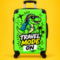 Travel Mode On dinosaur graphic Suitcase | Bright green rolling luggage
