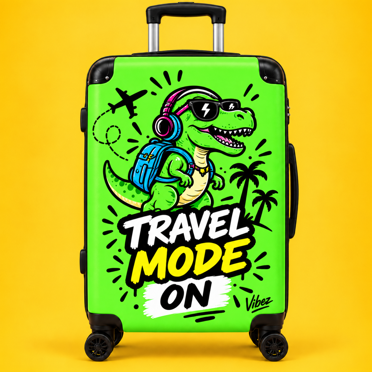 Travel Mode On dinosaur graphic Suitcase | Bright green rolling luggage