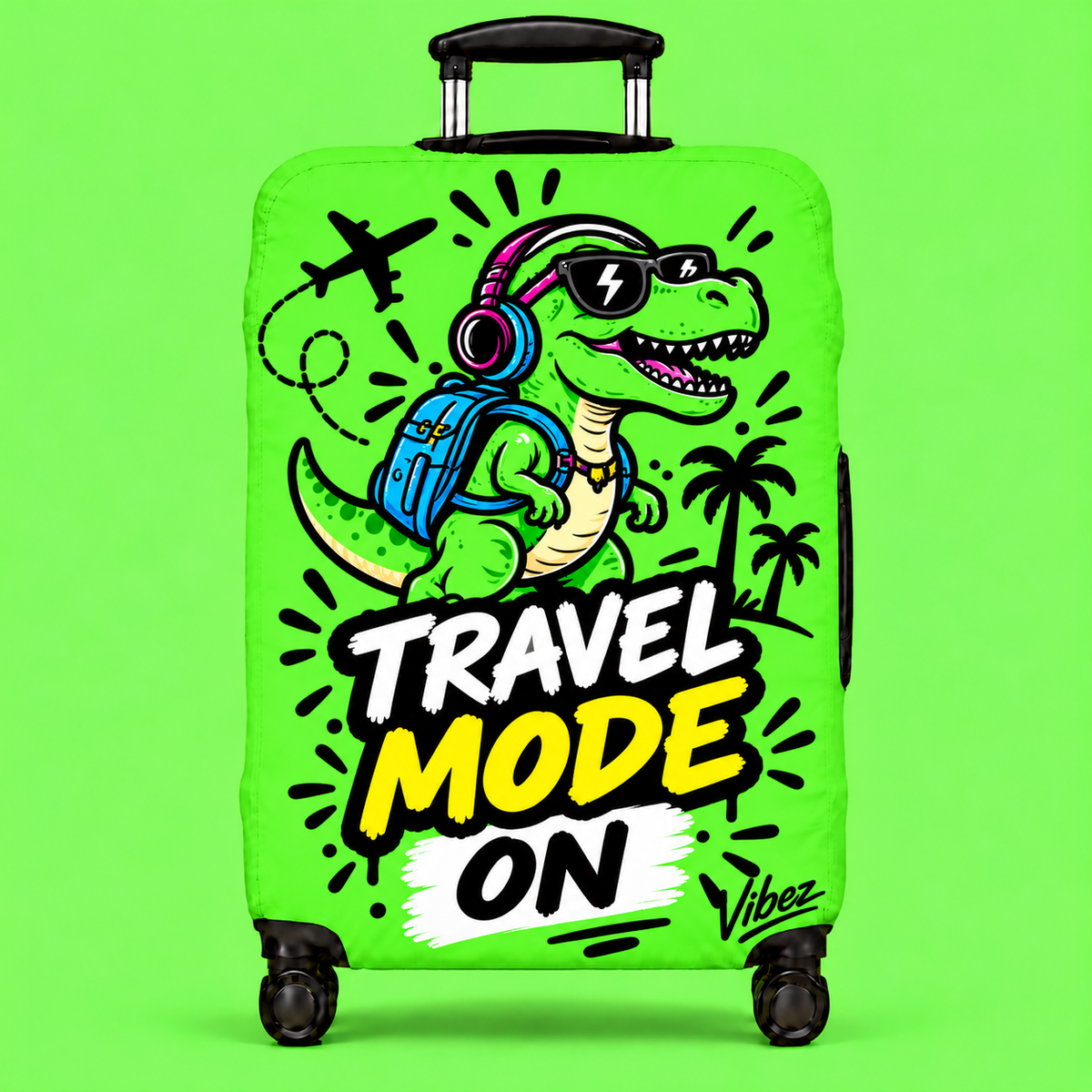 Travel Mode On dinosaur luggage cover | neon green suitcase protector