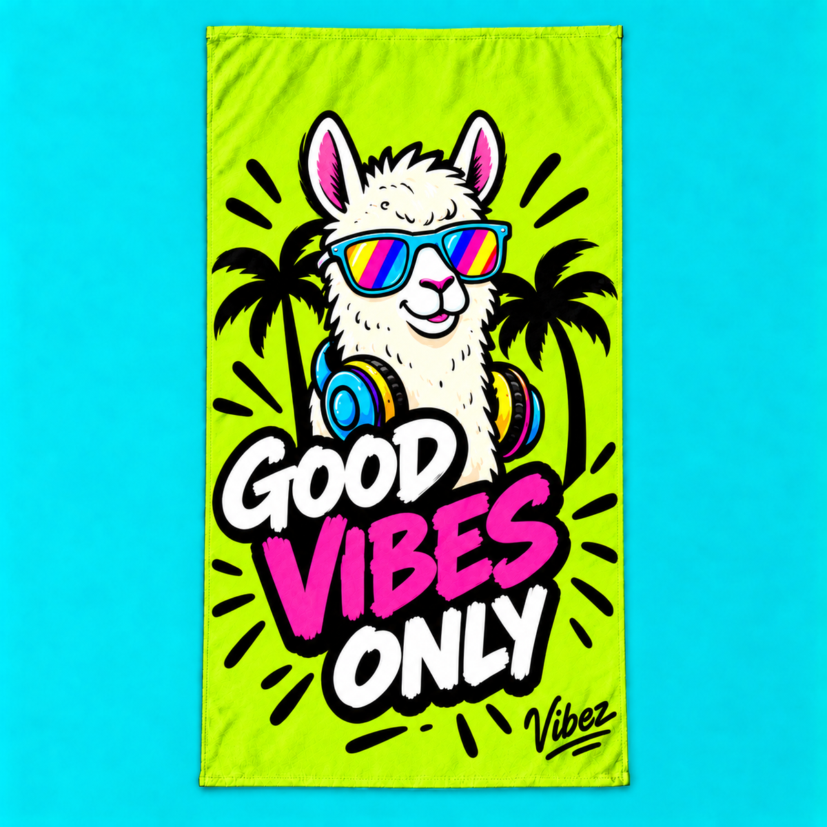 Llama Sunglasses Good Vibes Only Beach Towel | Neon Palm Tropical