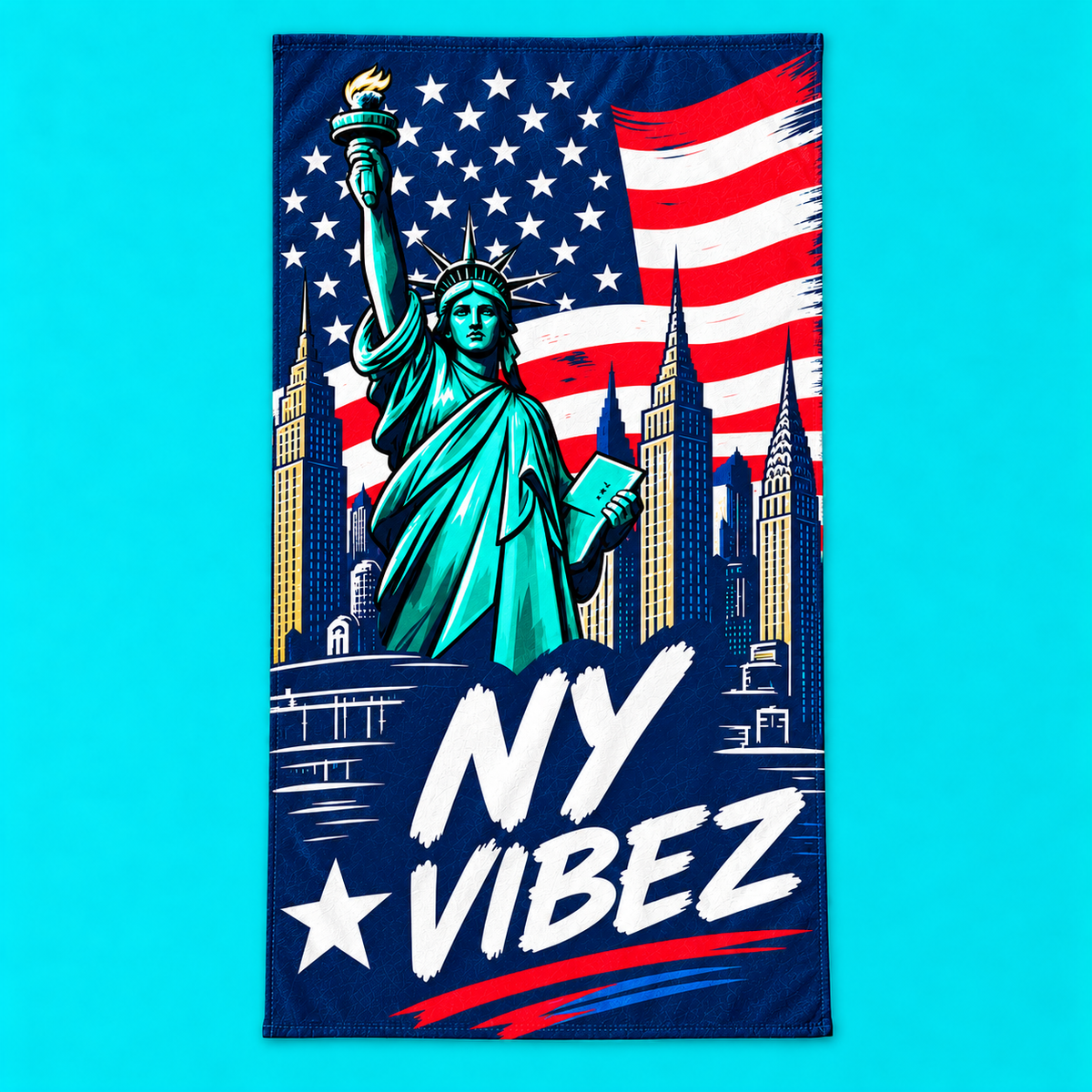 NY Vibez Statue of Liberty Beach Towel | American Flag, NYC Skyline